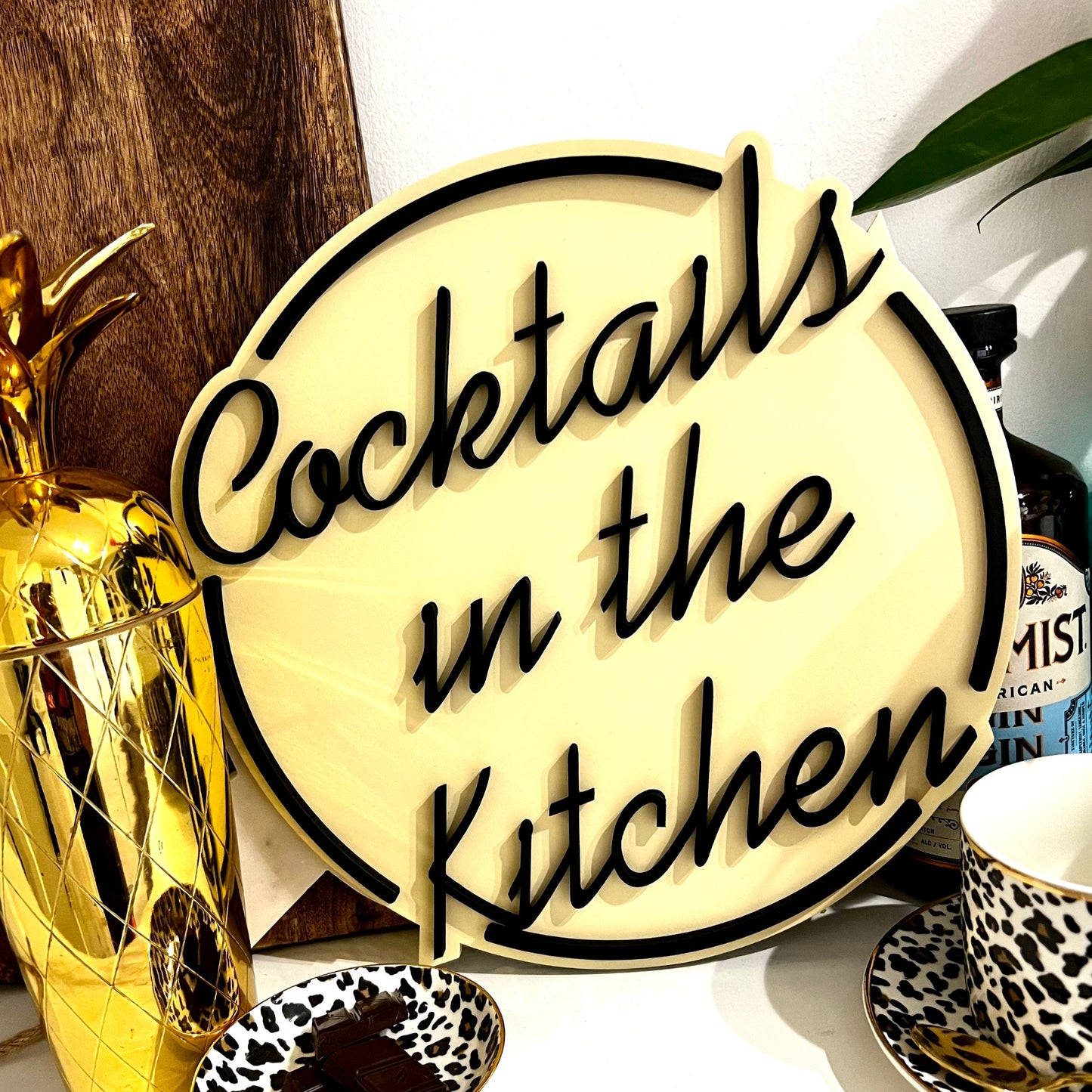 Cocktails in the kitchen sign in cream and black